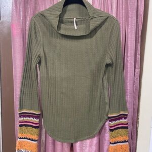 Free People Olive Green Long Sleeve Shirt with Multicolor Knit Cuffs